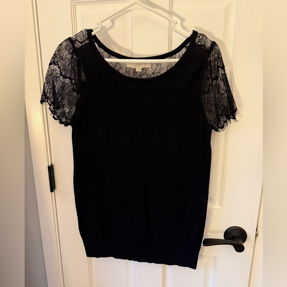 LOFT Black Top with Lace Sleeves